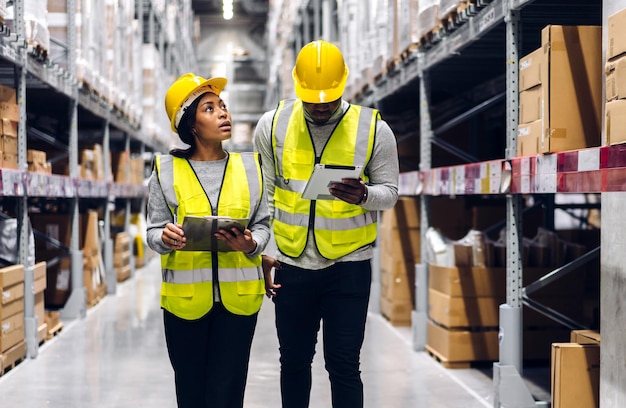 Portrait two african american engineer team shipping order\
detail on tablet check goods and supplies on shelves with goods\
inventory in factory warehouselogistic industry and business\
export