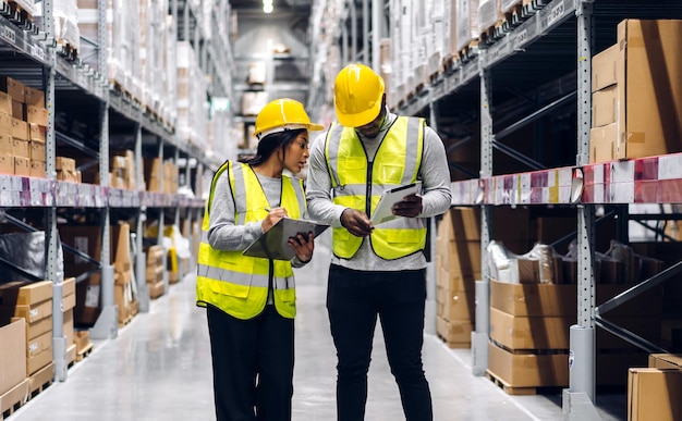 Portrait two african american engineer team shipping order\
detail on tablet check goods and supplies on shelves with goods\
inventory in factory warehouselogistic industry and business\
export