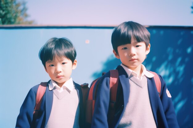 Portrait of two asian schoolboys in sunny street created using generative ai technology