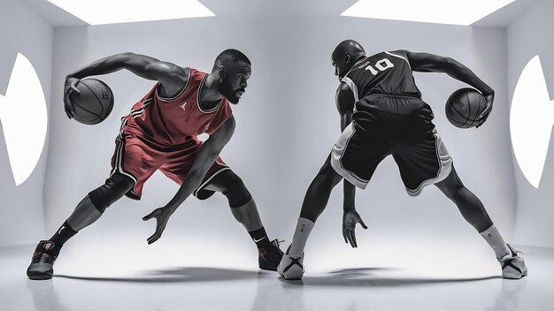 Portrait of two basketball players training dribbling isolated over white studio background