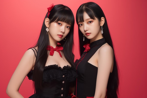 Portrait of two beautiful asian women in black dress on red background