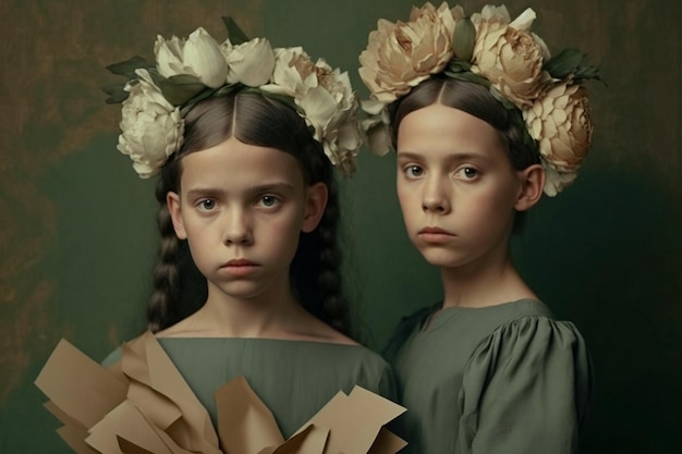 Portrait of two beautiful girls with paper flowers on their heads