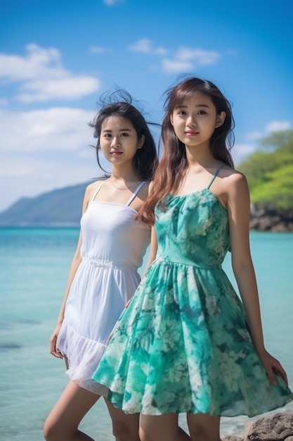 Portrait of two beautiful indonesian girls wearing dresses on the beach