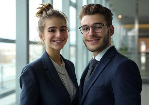 Photo portrait of two business men and women standing in the office smiling