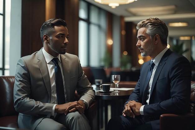 Photo portrait of two business people discussing work during meeting at luxurious hotel lobby copy space