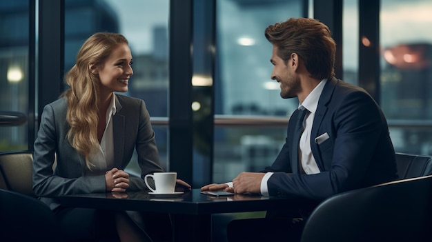 Portrait of two business people discussing work during meeting at luxurious hotel lobby copy space