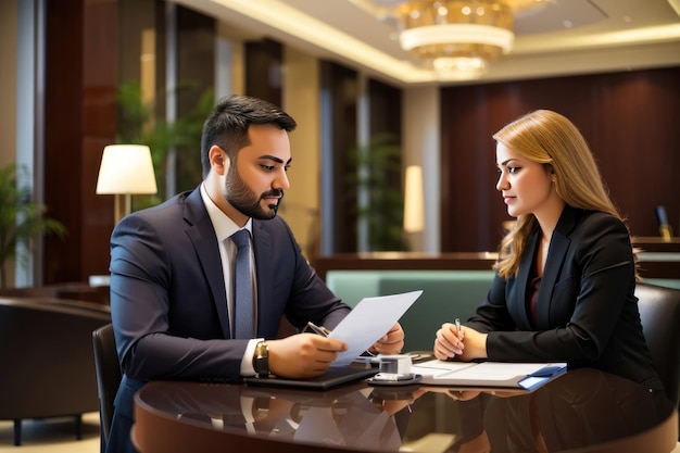 Portrait of two business people discussing work during meeting at luxurious hotel lobby