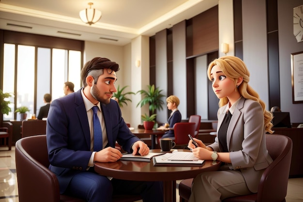 Portrait of two business people discussing work during meeting at luxurious hotel lobby