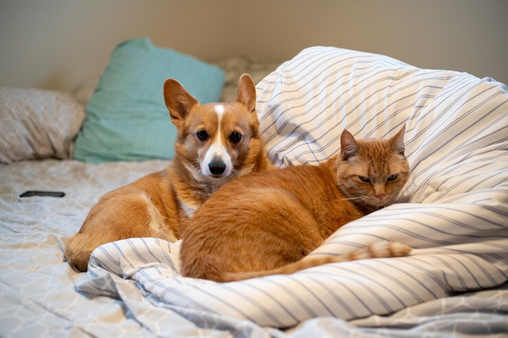 Photo ベッドでリラックスしている2匹の猫の肖像画