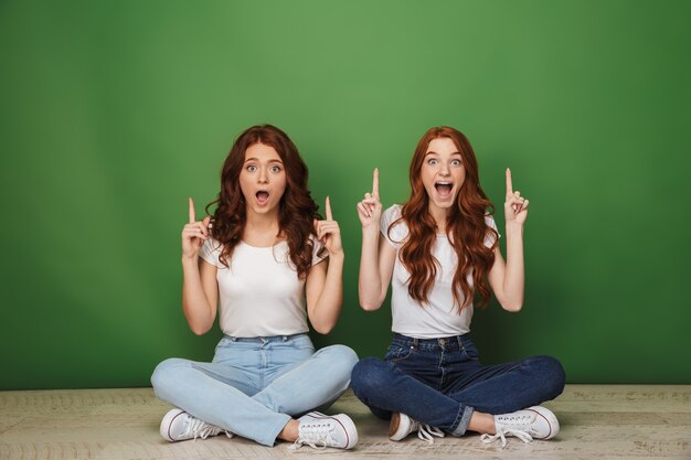 Portrait of two cheerful young redhead girls sitting on a floor