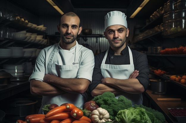 Portrait of Two Chefs in Restaurant Kitchen Generative Ai