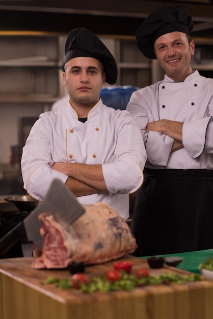 Portrait of two chefs standing together in commercial kitchen at restaurant