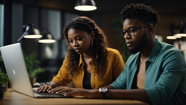 Portrait of Two Creative Colleagues Using Laptop to Discuss Work Project at Office Ai Generated