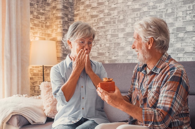 Portrait of two cute and old seniors at home having fun together Mature man giving a gift at his wife for Christmas or anniversary Surprised pensioner woman looking at the present