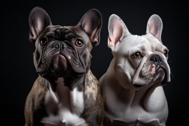 Photo portrait of two french bulldog dogs in front of gray background