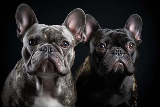 Photo portrait of two french bulldog dogs in front of gray background