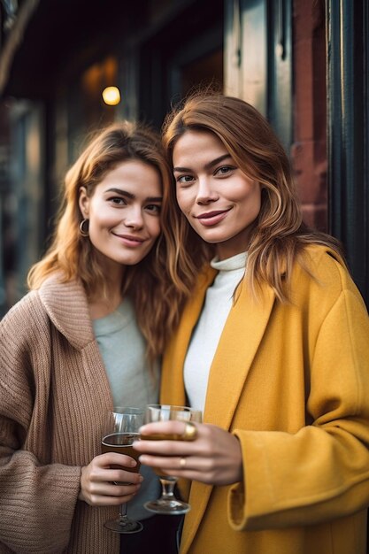 Portrait of two friends having drinks outside created with generative ai