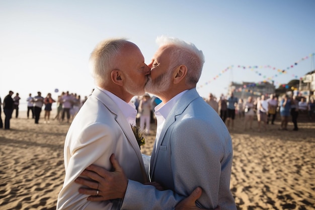 Photo portrait of two gay men in their 50s kissing and getting married on a beach