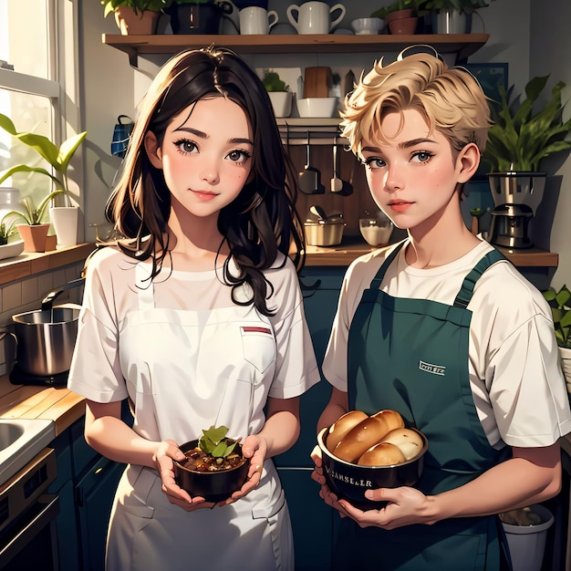 portrait of two girl in kitchen