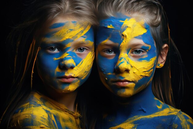 Portrait of two girls faces painted with yellow and blue paint in the colors of flag of ukraine