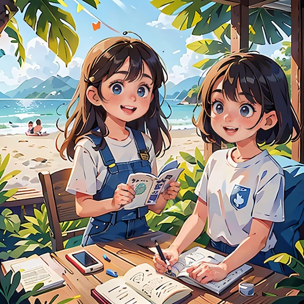 portrait of two girls studying at home