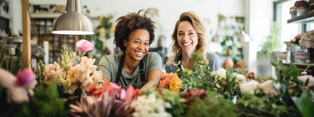 Portrait of two happy women working in flower shop