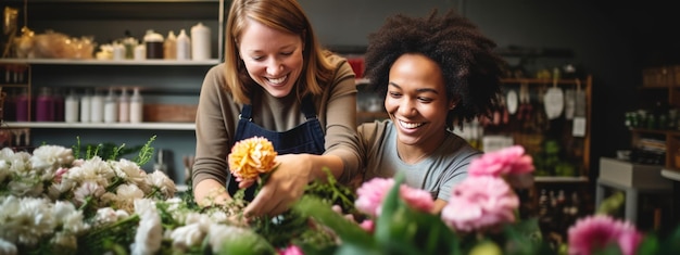 Portrait of two happy women working in flower shop