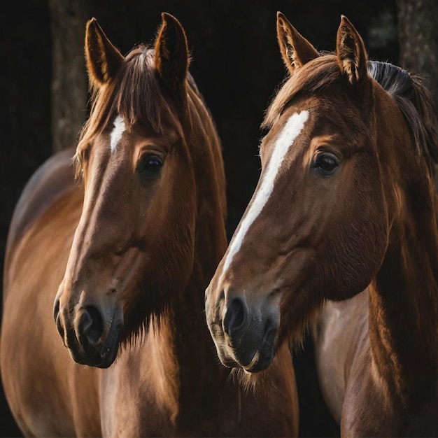 Portrait of two horses in the forest Selective focus