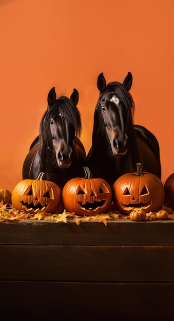 Photo portrait of two horses with halloween pumpkins on orange background