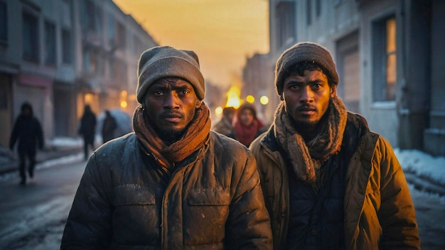 Photo portrait of two immigrant men bundled up in woolen hats and warm clothes on snowy street at sunset