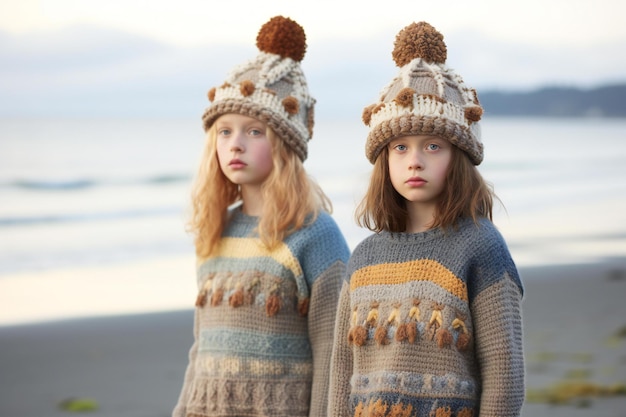 Portrait of two little girls wearing knitted hats on the beach