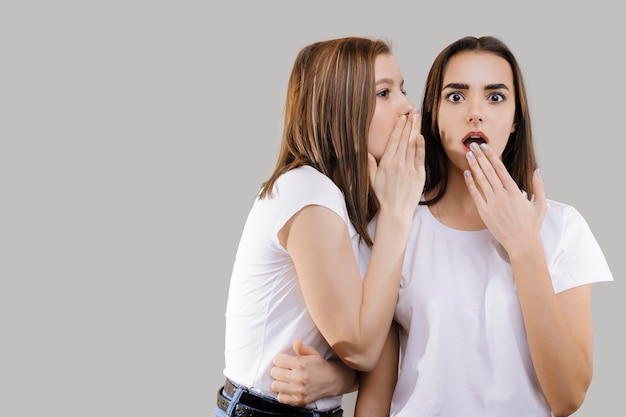 Portrait of two lovely young female friend isolated on grey background while one is talking to another her secrets at the ear.