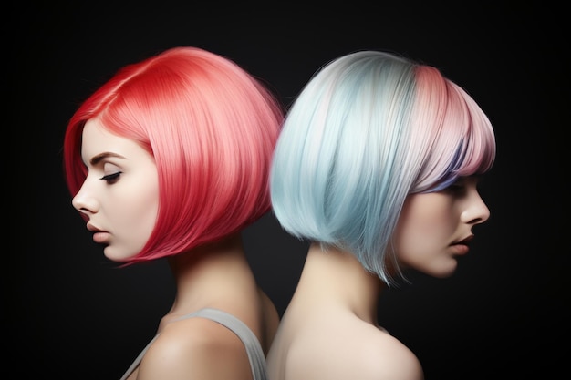 Foto ritratto di due ragazze moderne con colori di capelli vibranti e non convenzionali in profilo blu e rosso