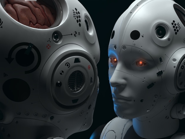 Portrait of two robotic women looking at each other