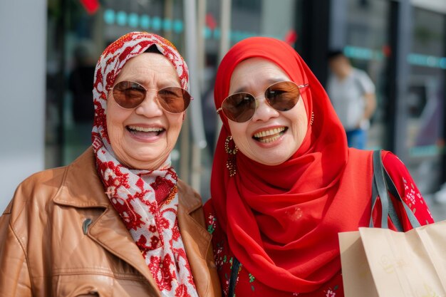 Portrait of two satisfied laughing excited fashionable stylish mature muslim female friends