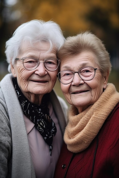 Foto ritratto di due donne anziane che si godono una giornata insieme fuori