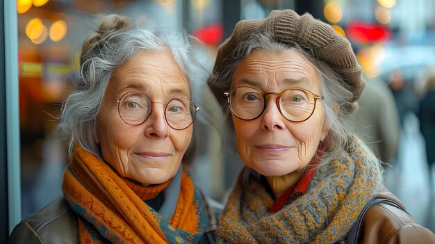 都市で眼鏡をかぶった2人の高齢女性の肖像画