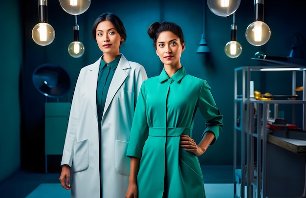 Портрет двух улыбающихся женщин-врачей в белых пальто, стоящих в коридоре больницы