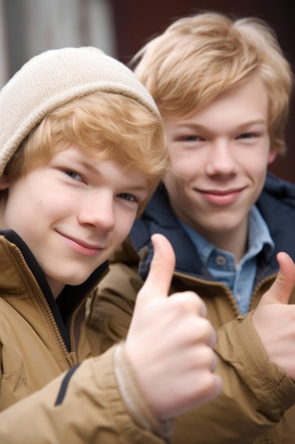 Portrait of two teenage boys giving a thumbs up