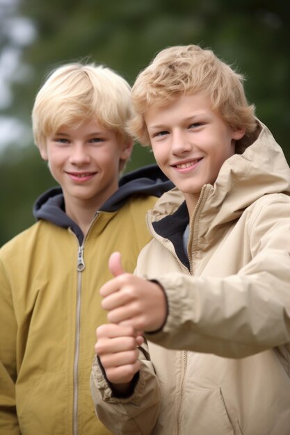 Photo portrait of two teenage boys giving a thumbs up