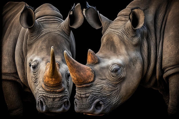 Portrait of two white square lipped rhinoceroses Ceratotherium simum South Africa