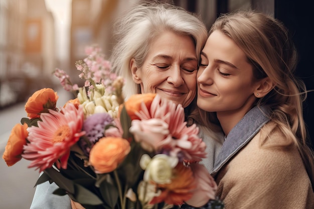 Photo portrait of two women embracing with flowers hugging each other concept of love and friendship between mother and adult daughter