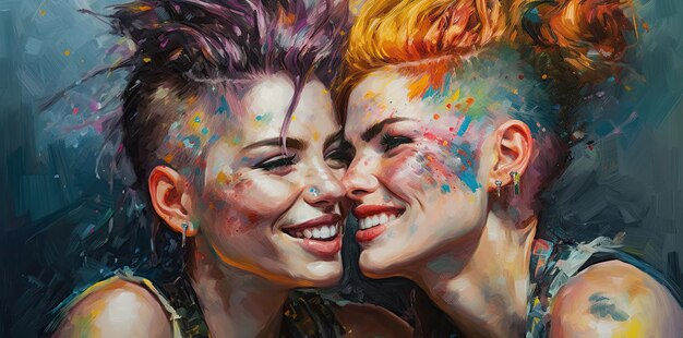 Portrait of two young beautiful women with bright multicolored hair and face paint