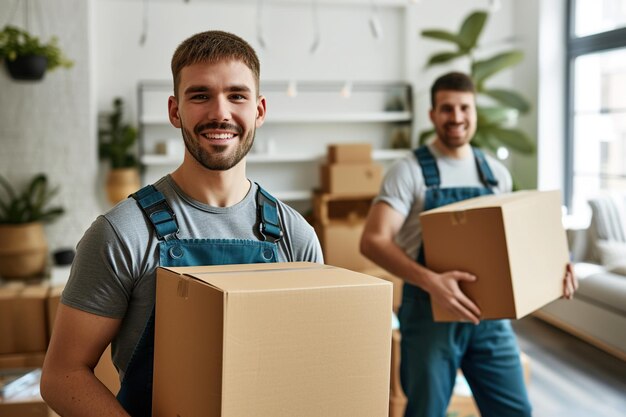Photo portrait of a two young male happy smiling employee of moving service in overall standing in the living room of new house holding cardboard boxes in hands and looking cheerful at camera
