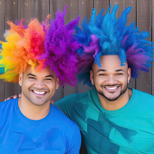 Portrait of two young men with colorful hair wig against wooden background