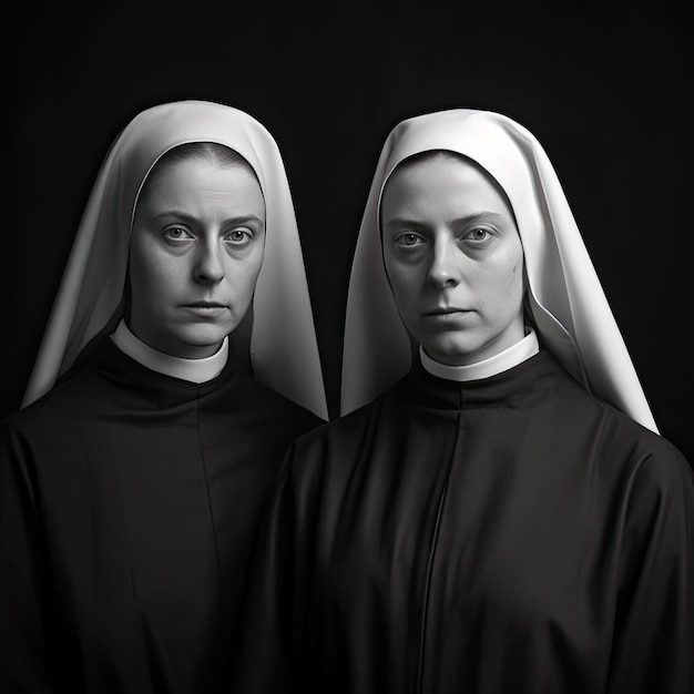 Portrait of two young nun in a black and white image