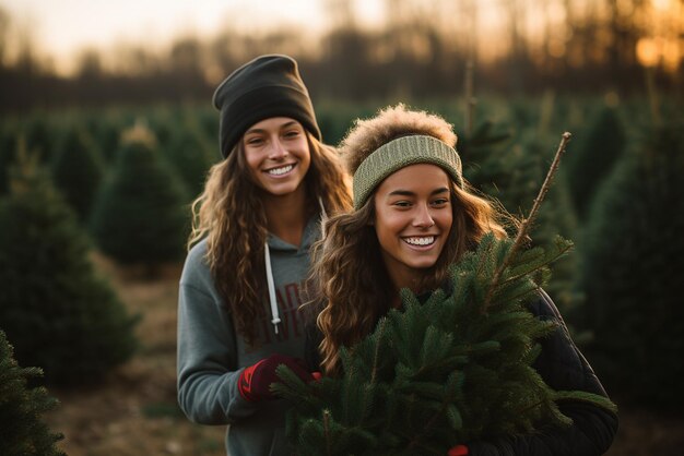 Portrait of two young women choosing Christmas tree at outdoor market