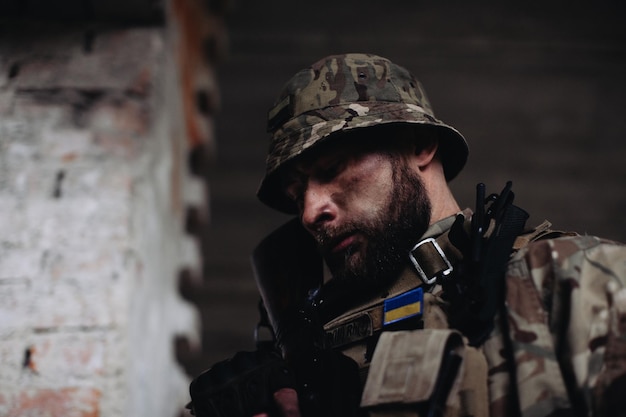 Portrait of a Ukrainian soldier in his combat position