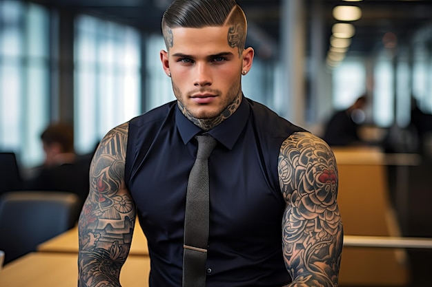 Portrait of unconventional tattooed stylish brutal man in a oficial suit Modern hipster businessman