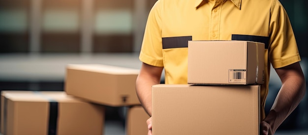 Portrait of a uniformed young man carrying multiple large boxes with space for text on a mock up